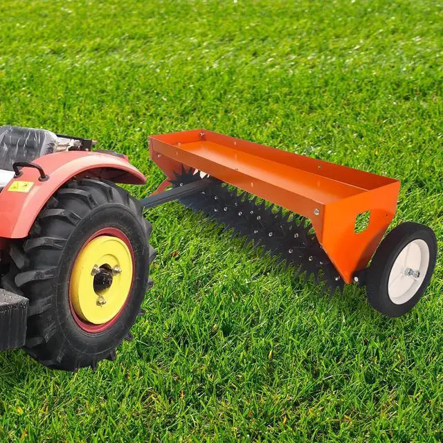 Alt view image 7 of 7 - Heavy-Duty 40-Inch Tow-Behind Spike Aerator, Pull Behind Lawn Dethatcher with Adjustable Handle, Transport Wheels & Tray, Orange & Black Finish, Ideal for Lawn, Garden & Farm Soil Aeration