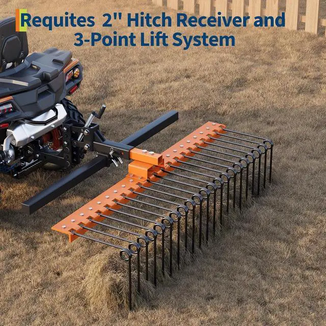 Alt view image 4 of 7 - Patikuin Landscape Rake, 60" Optional Width, Heavy Duty Steel Pine Straw Rake with Replaceable Tines, Fits 2" Hitch Receiver, Tow Behind Lawn Rake for Yard Debris, Leaves, Pine Needles, Lawn Care