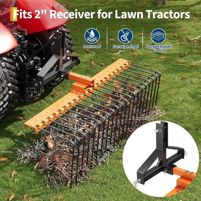 Alt view image 5 of 7 - Patikuin Landscape Rake, 60" Optional Width, Heavy Duty Steel Pine Straw Rake with Replaceable Tines, Fits 2" Hitch Receiver, Tow Behind Lawn Rake for Yard Debris, Leaves, Pine Needles, Lawn Care