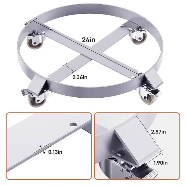 Alt view image 7 of 7 - Patikuin 55 Gallon Drum Dolly, 1000 Lbs Heavy Duty Q235B Steel Oil Barrel Cart with 4 Swivel Casters (2 with Brakes), Zinc Plated Rust-Resistant Rolling Stand for Warehouse, Factory and Industrial Use