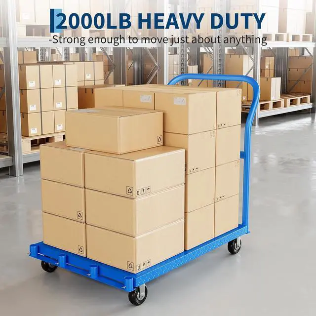 Alt view image 2 of 7 - 2000 Lbs Heavy Duty 2-in-1 Platform Truck, Q235 Thickened Steel Flatbed Hand Truck, Foldable Push Cart Dolly with 4 Swivel Wheels (2 with Brakes), for Warehouse, Workshop, Moving and Industrial Use