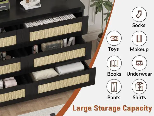 Alt view image 7 of 7 - Patikuin Rattan Dresser for Bedroom, Modern 6 Drawer Dresser, Wide Chest of Drawers with Anti-Tip Kit & Smooth Slide Rail, Wood Storage Dressers for Closet, Hallway, Living Room, Black