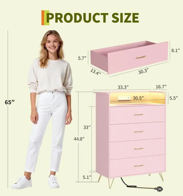 Alt view image 2 of 7 - Patikuin 4-Drawer Dresser for Bedroom with Charging Station & RGB Lights, Tall Modern Wooden Chest of Drawers with App Control, Large Storage Cabinet for Bedroom, Living Room, Closet, Pink