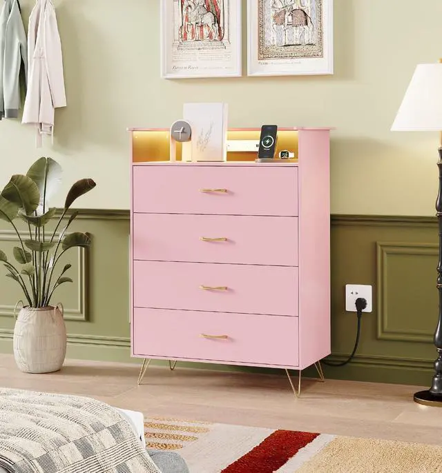 Main image of Patikuin 4-Drawer Dresser for Bedroom with Charging Station & RGB Lights, Tall Modern Wooden Chest of Drawers with App Control, Large Storage Cabinet for Bedroom, Living Room, Closet, Pink