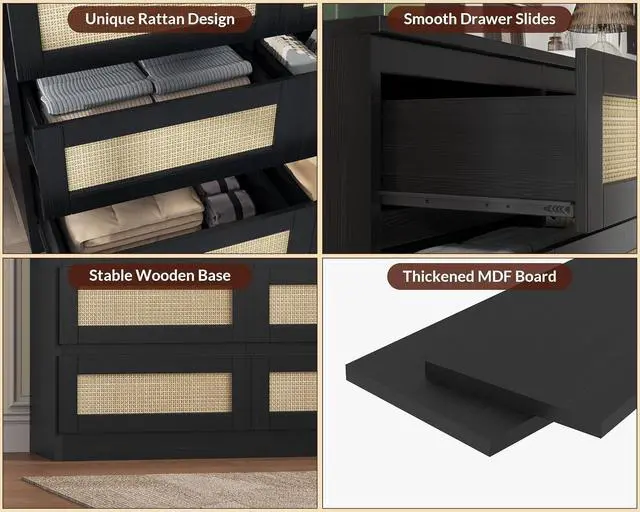 Alt view image 3 of 7 - Patikuin Rattan Dresser for Bedroom, Modern 6 Drawer Dresser, Wide Chest of Drawers with Anti-Tip Kit & Smooth Slide Rail, Wood Storage Dressers for Closet, Hallway, Living Room, Black