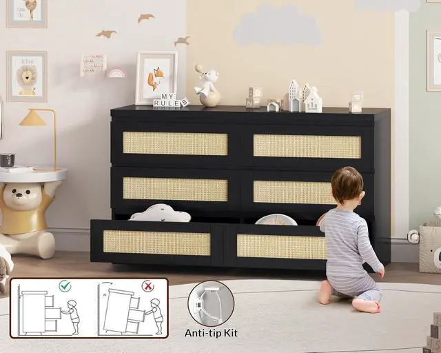 Alt view image 5 of 7 - Patikuin Rattan Dresser for Bedroom, Modern 6 Drawer Dresser, Wide Chest of Drawers with Anti-Tip Kit & Smooth Slide Rail, Wood Storage Dressers for Closet, Hallway, Living Room, Black