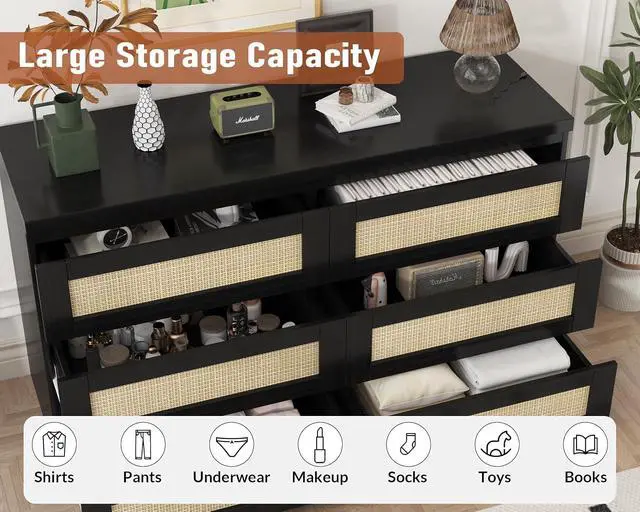 Alt view image 4 of 7 - Patikuin Rattan Dresser for Bedroom, Modern 6 Drawer Dresser, Wide Chest of Drawers with Anti-Tip Kit & Smooth Slide Rail, Wood Storage Dressers for Closet, Hallway, Living Room, Black