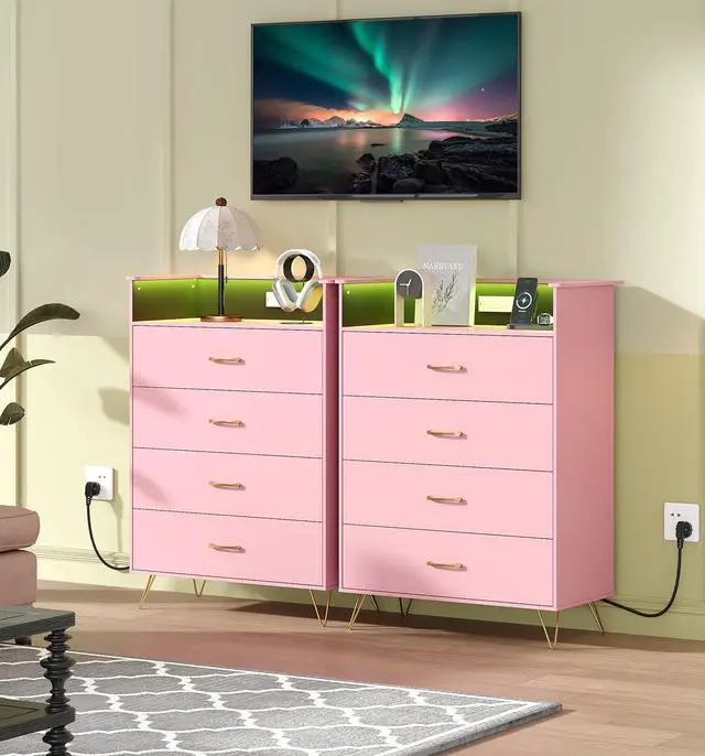 Alt view image 3 of 7 - Patikuin 4-Drawer Dresser for Bedroom with Charging Station & RGB Lights, Tall Modern Wooden Chest of Drawers with App Control, Large Storage Cabinet for Bedroom, Living Room, Closet, Pink