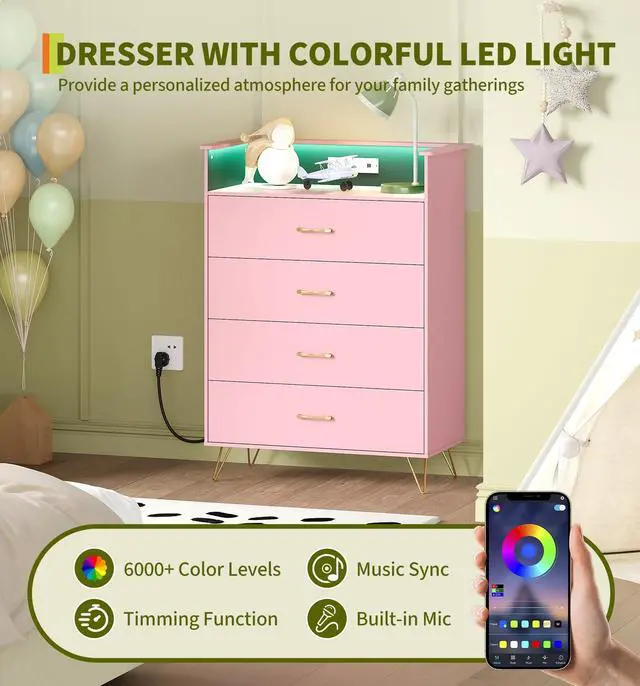 Alt view image 5 of 7 - Patikuin 4-Drawer Dresser for Bedroom with Charging Station & RGB Lights, Tall Modern Wooden Chest of Drawers with App Control, Large Storage Cabinet for Bedroom, Living Room, Closet, Pink