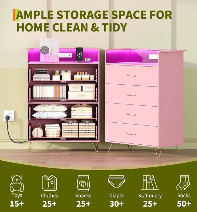 Alt view image 4 of 7 - Patikuin 4-Drawer Dresser for Bedroom with Charging Station & RGB Lights, Tall Modern Wooden Chest of Drawers with App Control, Large Storage Cabinet for Bedroom, Living Room, Closet, Pink