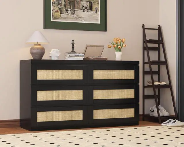 Alt view image 6 of 7 - Patikuin Rattan Dresser for Bedroom, Modern 6 Drawer Dresser, Wide Chest of Drawers with Anti-Tip Kit & Smooth Slide Rail, Wood Storage Dressers for Closet, Hallway, Living Room, Black