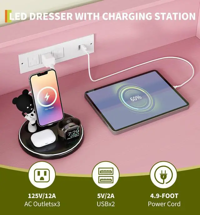 Alt view image 6 of 7 - Patikuin 4-Drawer Dresser for Bedroom with Charging Station & RGB Lights, Tall Modern Wooden Chest of Drawers with App Control, Large Storage Cabinet for Bedroom, Living Room, Closet, Pink
