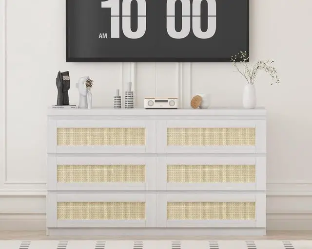 Main image of Patikuin Rattan Dresser for Bedroom, Modern 6 Drawer Dresser, Wide Chest of Drawers with Anti-Tip Kit & Smooth Slide Rail, Wood Storage Dressers for Closet, Hallway, Living Room, White
