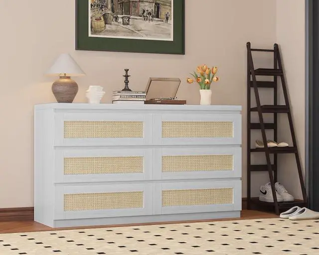 Alt view image 6 of 7 - Patikuin Rattan Dresser for Bedroom, Modern 6 Drawer Dresser, Wide Chest of Drawers with Anti-Tip Kit & Smooth Slide Rail, Wood Storage Dressers for Closet, Hallway, Living Room, White