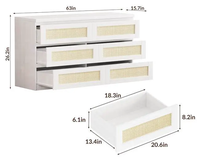 Alt view image 2 of 7 - Patikuin Rattan Dresser for Bedroom, Modern 6 Drawer Dresser, Wide Chest of Drawers with Anti-Tip Kit & Smooth Slide Rail, Wood Storage Dressers for Closet, Hallway, Living Room, White