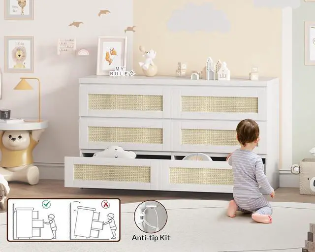 Alt view image 5 of 7 - Patikuin Rattan Dresser for Bedroom, Modern 6 Drawer Dresser, Wide Chest of Drawers with Anti-Tip Kit & Smooth Slide Rail, Wood Storage Dressers for Closet, Hallway, Living Room, White