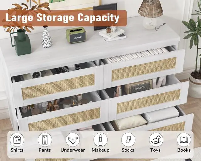 Alt view image 4 of 7 - Patikuin Rattan Dresser for Bedroom, Modern 6 Drawer Dresser, Wide Chest of Drawers with Anti-Tip Kit & Smooth Slide Rail, Wood Storage Dressers for Closet, Hallway, Living Room, White