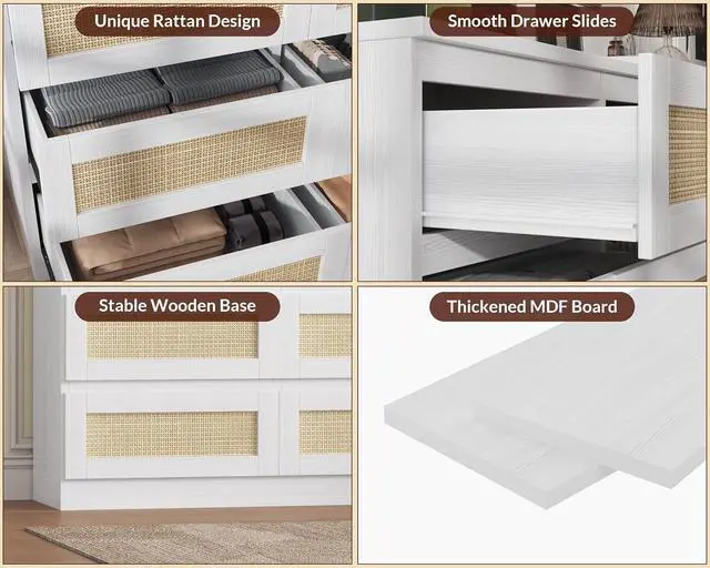 Alt view image 3 of 7 - Patikuin Rattan Dresser for Bedroom, Modern 6 Drawer Dresser, Wide Chest of Drawers with Anti-Tip Kit & Smooth Slide Rail, Wood Storage Dressers for Closet, Hallway, Living Room, White