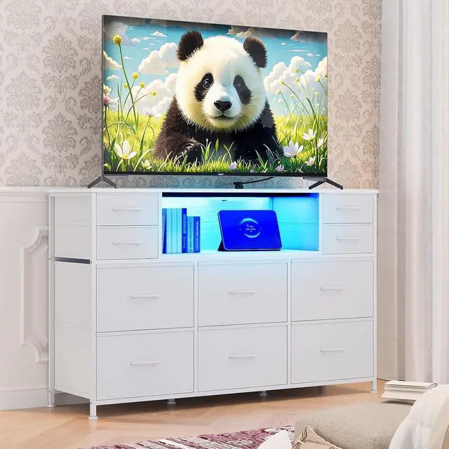 Alt view image 2 of 7 - Patikuin LED 10-Drawer TV Stand with Charging Station 3-Tier Fabric Dresser for 45-55 Inch TVs, Wood Top Entertainment Center with USB & Outlets, Modern Living Room Bedroom Storage, White