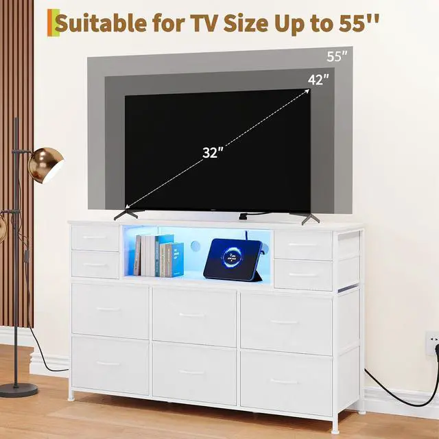 Alt view image 7 of 7 - Patikuin LED 10-Drawer TV Stand with Charging Station 3-Tier Fabric Dresser for 45-55 Inch TVs, Wood Top Entertainment Center with USB & Outlets, Modern Living Room Bedroom Storage, White