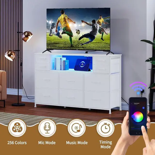Alt view image 6 of 7 - Patikuin LED 10-Drawer TV Stand with Charging Station 3-Tier Fabric Dresser for 45-55 Inch TVs, Wood Top Entertainment Center with USB & Outlets, Modern Living Room Bedroom Storage, White