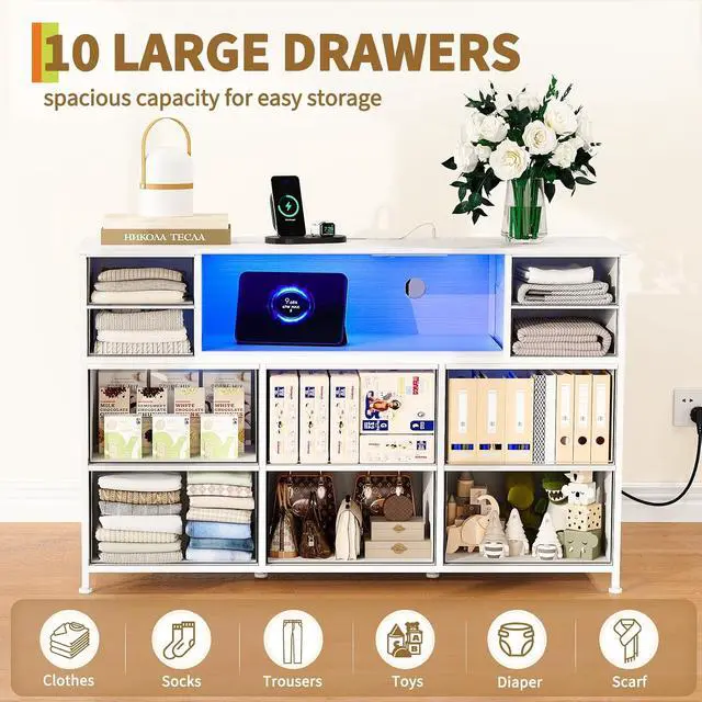 Alt view image 5 of 7 - Patikuin LED 10-Drawer TV Stand with Charging Station 3-Tier Fabric Dresser for 45-55 Inch TVs, Wood Top Entertainment Center with USB & Outlets, Modern Living Room Bedroom Storage, White