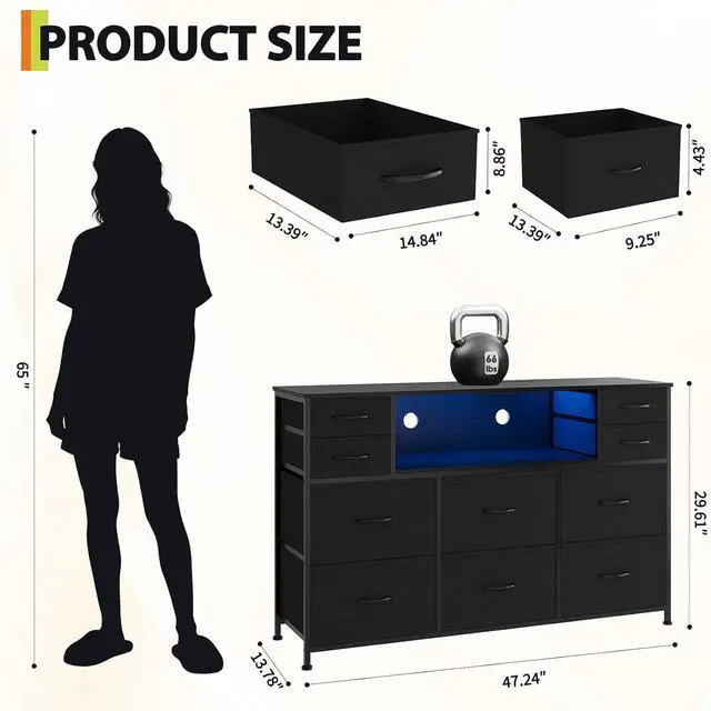 Alt view image 2 of 7 - Patikuin LED 10-Drawer TV Stand with Charging Station 3-Tier Fabric Dresser for 45-55 Inch TVs, Wood Top Entertainment Center with USB & Outlets, Modern Living Room Bedroom Storage, Black