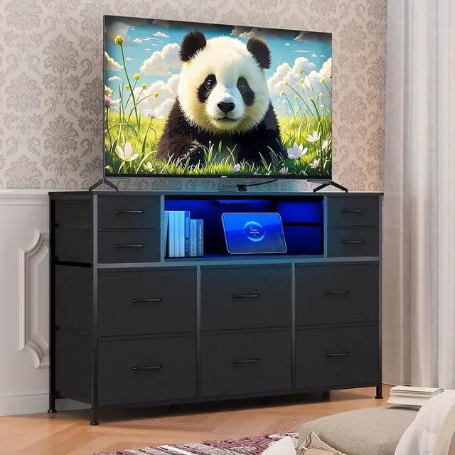 Main image of Patikuin LED 10-Drawer TV Stand with Charging Station 3-Tier Fabric Dresser for 45-55 Inch TVs, Wood Top Entertainment Center with USB & Outlets, Modern Living Room Bedroom Storage, Black
