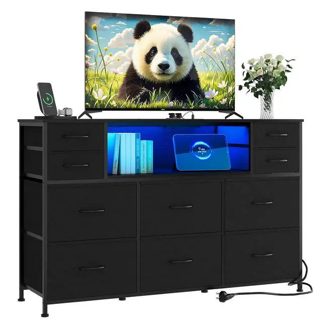 Alt view image 3 of 7 - Patikuin LED 10-Drawer TV Stand with Charging Station 3-Tier Fabric Dresser for 45-55 Inch TVs, Wood Top Entertainment Center with USB & Outlets, Modern Living Room Bedroom Storage, Black