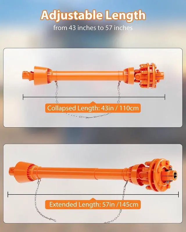 Alt view image 2 of 7 - Heavy Duty Series 4 PTO Shaft, 1-3/8" 6-Tooth Both Ends, Adjustable Telescopic Drive Shaft with Slip Coupling, Fits Brush Hog, Finish Mower & Rotary Cutter Orange, 43-57 inches