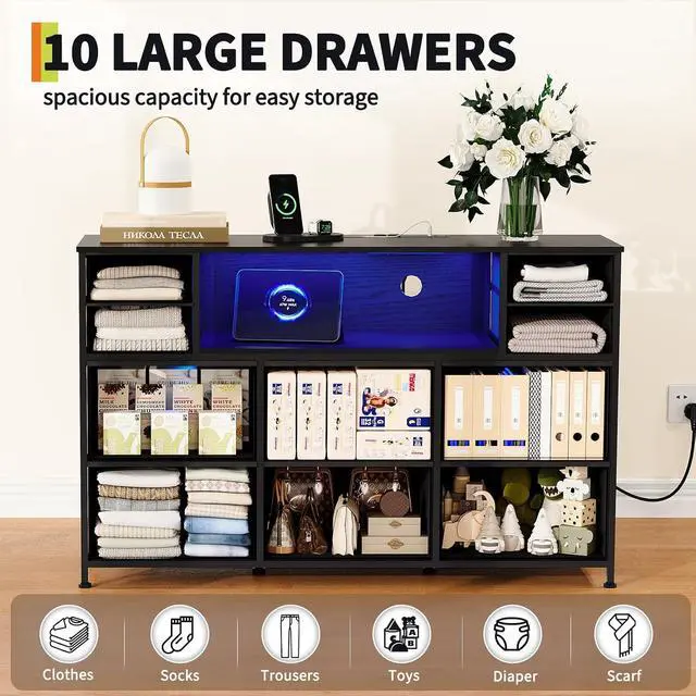 Alt view image 5 of 7 - Patikuin LED 10-Drawer TV Stand with Charging Station 3-Tier Fabric Dresser for 45-55 Inch TVs, Wood Top Entertainment Center with USB & Outlets, Modern Living Room Bedroom Storage, Black