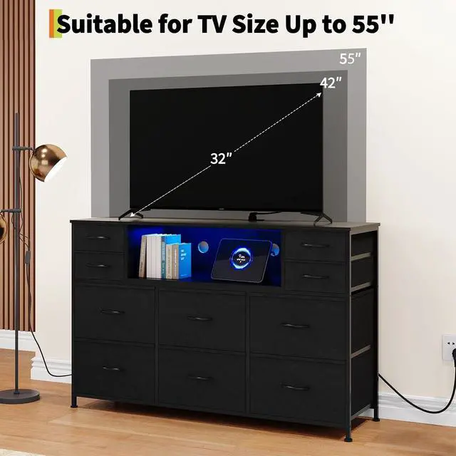 Alt view image 6 of 7 - Patikuin LED 10-Drawer TV Stand with Charging Station 3-Tier Fabric Dresser for 45-55 Inch TVs, Wood Top Entertainment Center with USB & Outlets, Modern Living Room Bedroom Storage, Black