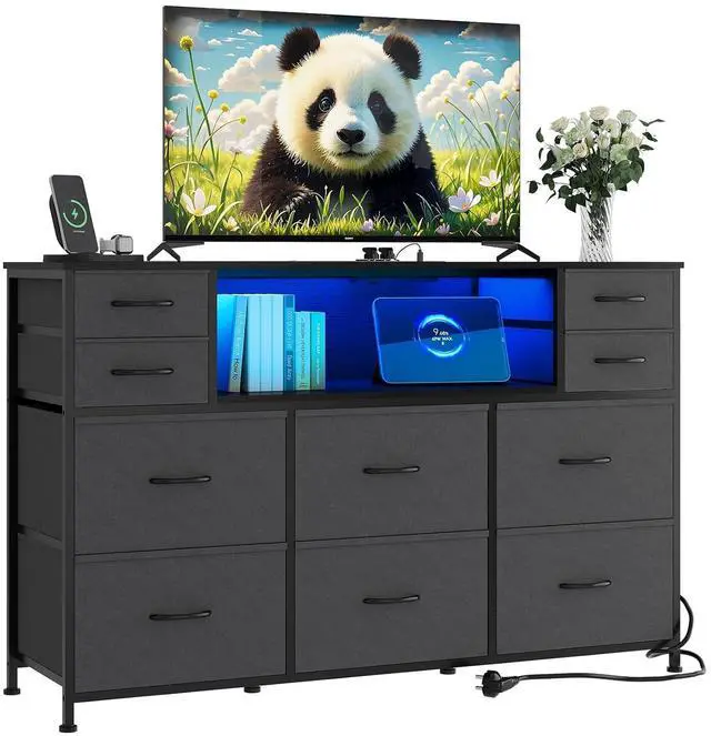 Main image of Patikuin LED 10-Drawer TV Stand with Charging Station 3-Tier Fabric Dresser for 45-55 Inch TVs, Wood Top Entertainment Center with USB & Outlets, Modern Living Room Bedroom Storage, Dark Grey
