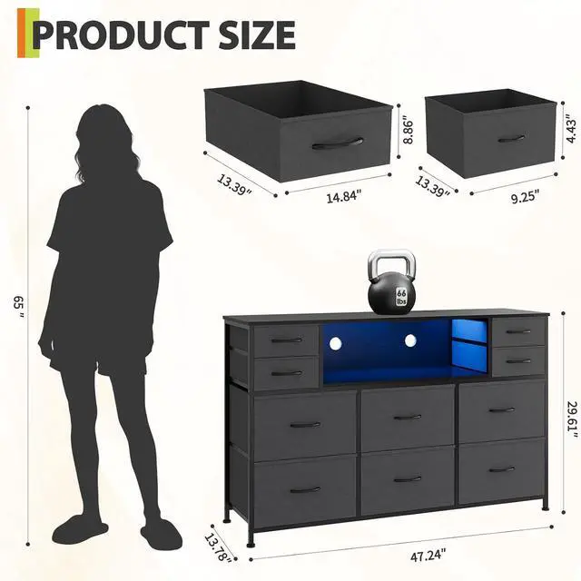 Alt view image 3 of 7 - Patikuin LED 10-Drawer TV Stand with Charging Station 3-Tier Fabric Dresser for 45-55 Inch TVs, Wood Top Entertainment Center with USB & Outlets, Modern Living Room Bedroom Storage, Dark Grey