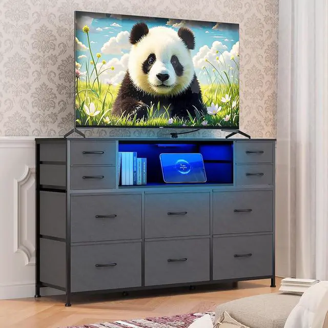 Alt view image 2 of 7 - Patikuin LED 10-Drawer TV Stand with Charging Station 3-Tier Fabric Dresser for 45-55 Inch TVs, Wood Top Entertainment Center with USB & Outlets, Modern Living Room Bedroom Storage, Dark Grey