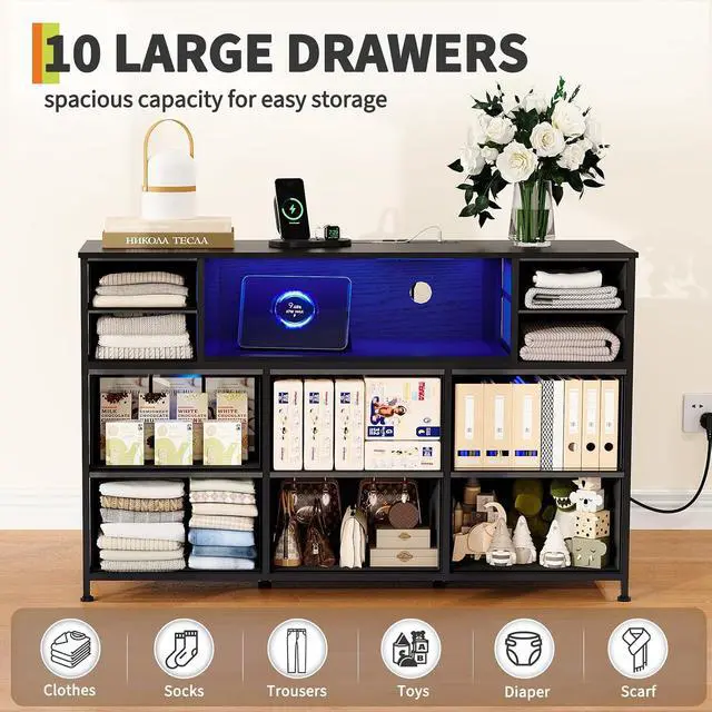 Alt view image 5 of 7 - Patikuin LED 10-Drawer TV Stand with Charging Station 3-Tier Fabric Dresser for 45-55 Inch TVs, Wood Top Entertainment Center with USB & Outlets, Modern Living Room Bedroom Storage, Dark Grey