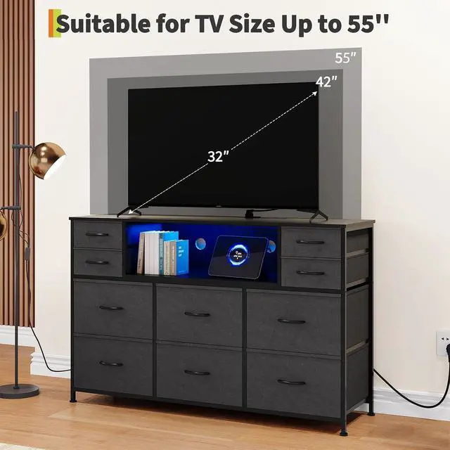 Alt view image 7 of 7 - Patikuin LED 10-Drawer TV Stand with Charging Station 3-Tier Fabric Dresser for 45-55 Inch TVs, Wood Top Entertainment Center with USB & Outlets, Modern Living Room Bedroom Storage, Dark Grey