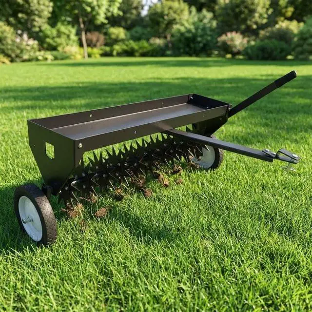 Alt view image 2 of 7 - Patikuin 40" Tow-Behind Lawn Aerator for Tractor/ATV, Heavy Duty Core Aeration Tool for Compact Soil & Dead Grass, 150LB Weight Tray with Gloabal Hitch, Adjustable Handle & Transport Wheels, Black