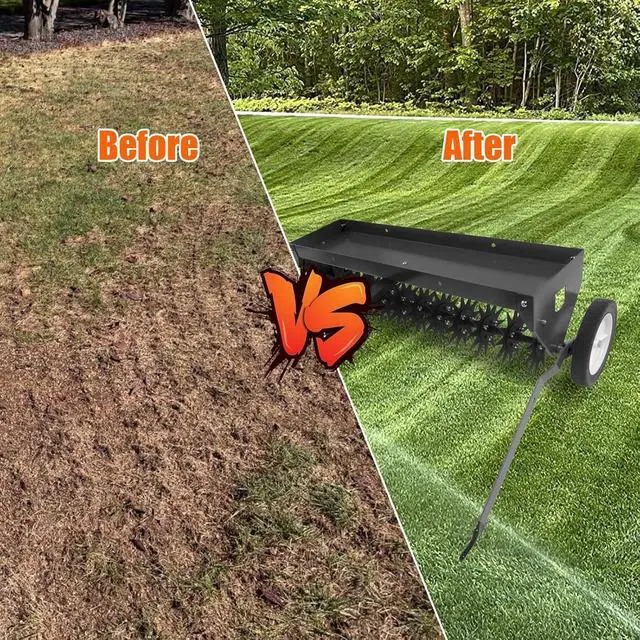 Alt view image 5 of 7 - Patikuin 40" Tow-Behind Lawn Aerator for Tractor/ATV, Heavy Duty Core Aeration Tool for Compact Soil & Dead Grass, 150LB Weight Tray with Gloabal Hitch, Adjustable Handle & Transport Wheels, Black