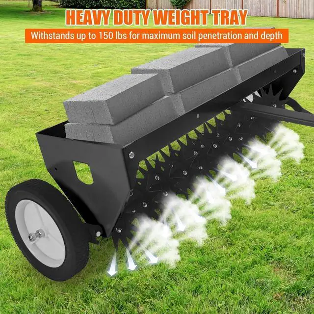 Alt view image 4 of 7 - Patikuin 40" Tow-Behind Lawn Aerator for Tractor/ATV, Heavy Duty Core Aeration Tool for Compact Soil & Dead Grass, 150LB Weight Tray with Gloabal Hitch, Adjustable Handle & Transport Wheels, Black