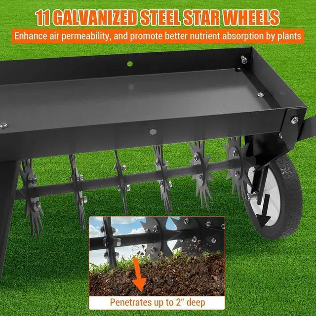 Alt view image 6 of 7 - Patikuin 40" Tow-Behind Lawn Aerator for Tractor/ATV, Heavy Duty Core Aeration Tool for Compact Soil & Dead Grass, 150LB Weight Tray with Gloabal Hitch, Adjustable Handle & Transport Wheels, Black