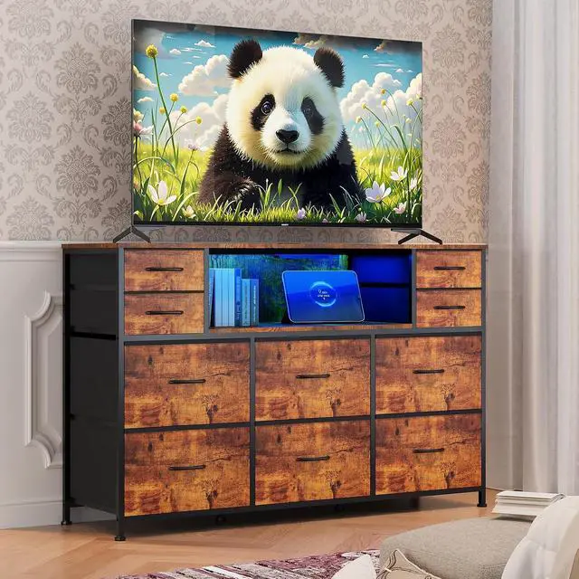 Alt view image 2 of 7 - Patikuin LED 10-Drawer TV Stand with Charging Station 3-Tier Fabric Dresser for 45-55 Inch TVs, Wood Top Entertainment Center with USB & Outlets, Modern Living Room Bedroom Storage, Brown
