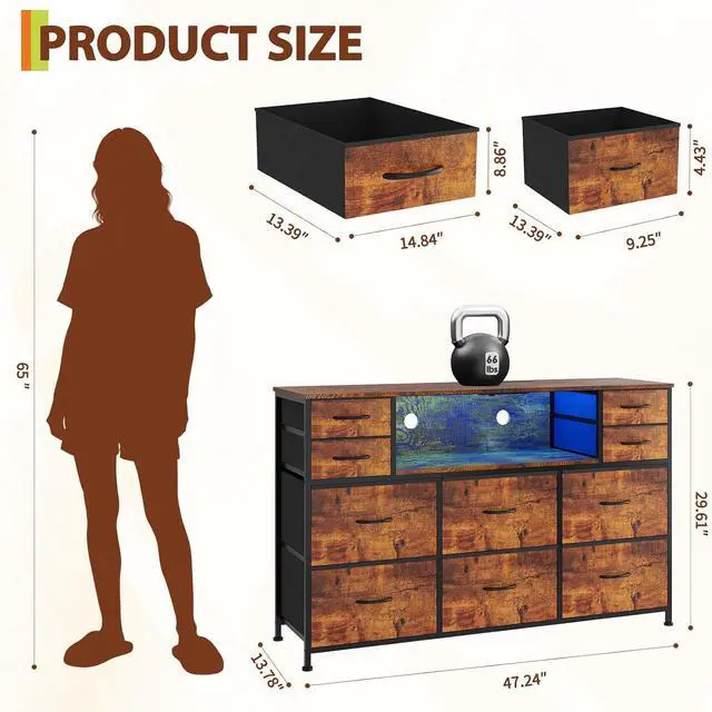 Alt view image 3 of 7 - Patikuin LED 10-Drawer TV Stand with Charging Station 3-Tier Fabric Dresser for 45-55 Inch TVs, Wood Top Entertainment Center with USB & Outlets, Modern Living Room Bedroom Storage, Brown