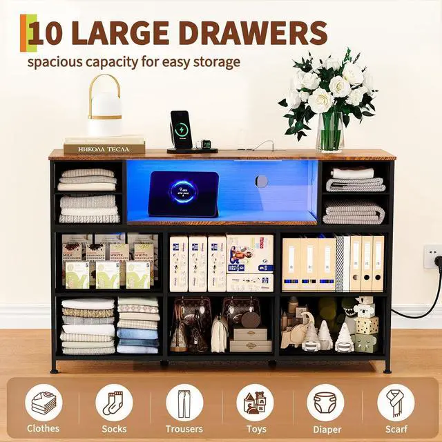 Alt view image 5 of 7 - Patikuin LED 10-Drawer TV Stand with Charging Station 3-Tier Fabric Dresser for 45-55 Inch TVs, Wood Top Entertainment Center with USB & Outlets, Modern Living Room Bedroom Storage, Brown