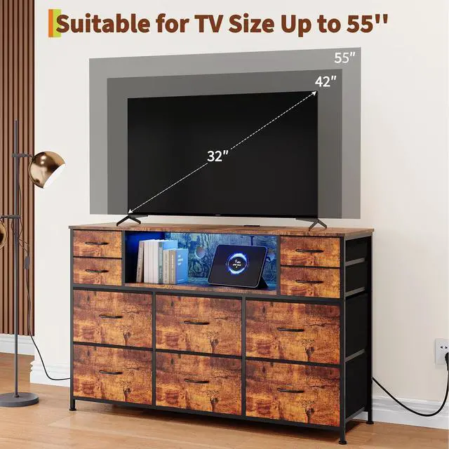 Alt view image 6 of 7 - Patikuin LED 10-Drawer TV Stand with Charging Station 3-Tier Fabric Dresser for 45-55 Inch TVs, Wood Top Entertainment Center with USB & Outlets, Modern Living Room Bedroom Storage, Brown
