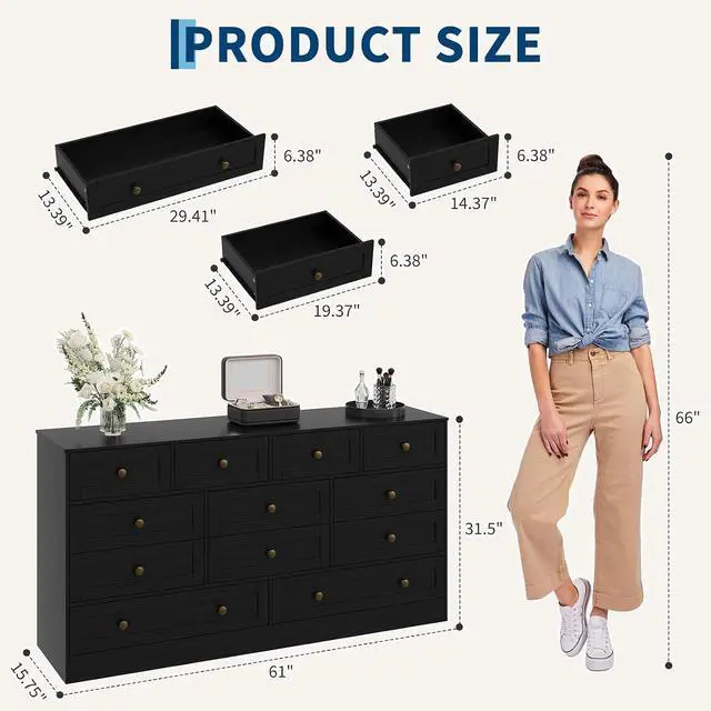 Alt view image 2 of 7 - Patikuin 12 Drawer Black Wooden Dressers for Bedroom, Large Wood Chest of Drawers with Anti-Tip, Farmhouse TV Stand Dresser for Living Room, Hallway, Entryway Storage Organization, 61W×31.5H×15.8D