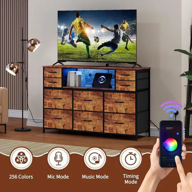 Alt view image 7 of 7 - Patikuin LED 10-Drawer TV Stand with Charging Station 3-Tier Fabric Dresser for 45-55 Inch TVs, Wood Top Entertainment Center with USB & Outlets, Modern Living Room Bedroom Storage, Brown