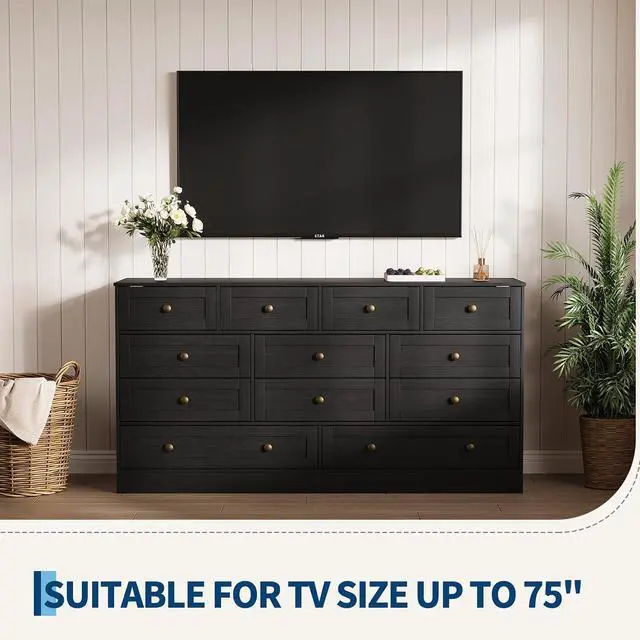Alt view image 3 of 7 - Patikuin 12 Drawer Black Wooden Dressers for Bedroom, Large Wood Chest of Drawers with Anti-Tip, Farmhouse TV Stand Dresser for Living Room, Hallway, Entryway Storage Organization, 61W×31.5H×15.8D