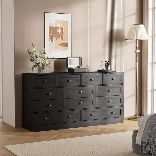 Alt view image 4 of 7 - Patikuin 12 Drawer Black Wooden Dressers for Bedroom, Large Wood Chest of Drawers with Anti-Tip, Farmhouse TV Stand Dresser for Living Room, Hallway, Entryway Storage Organization, 61W×31.5H×15.8D