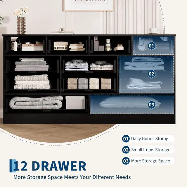 Alt view image 5 of 7 - Patikuin 12 Drawer Black Wooden Dressers for Bedroom, Large Wood Chest of Drawers with Anti-Tip, Farmhouse TV Stand Dresser for Living Room, Hallway, Entryway Storage Organization, 61W×31.5H×15.8D